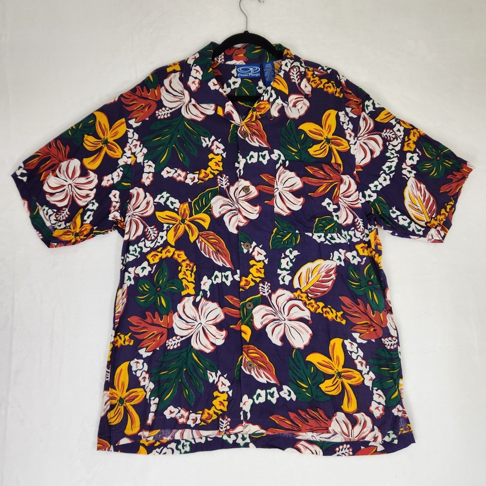 Ocean Pacific Mens Large Purple Tropical Hibiscus Floral Rayon Aloha Shirt 67420